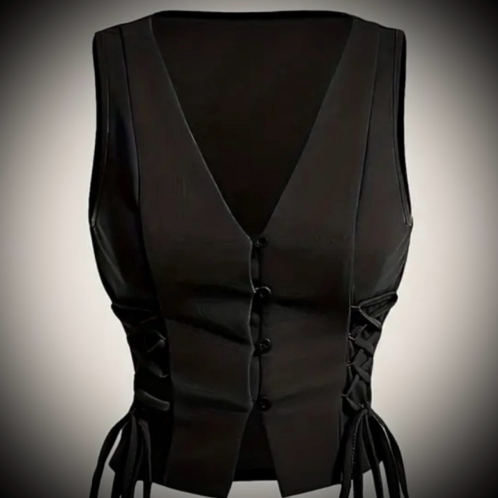 Black Lace Up Side Vest Western Sleeveless Top Size Large